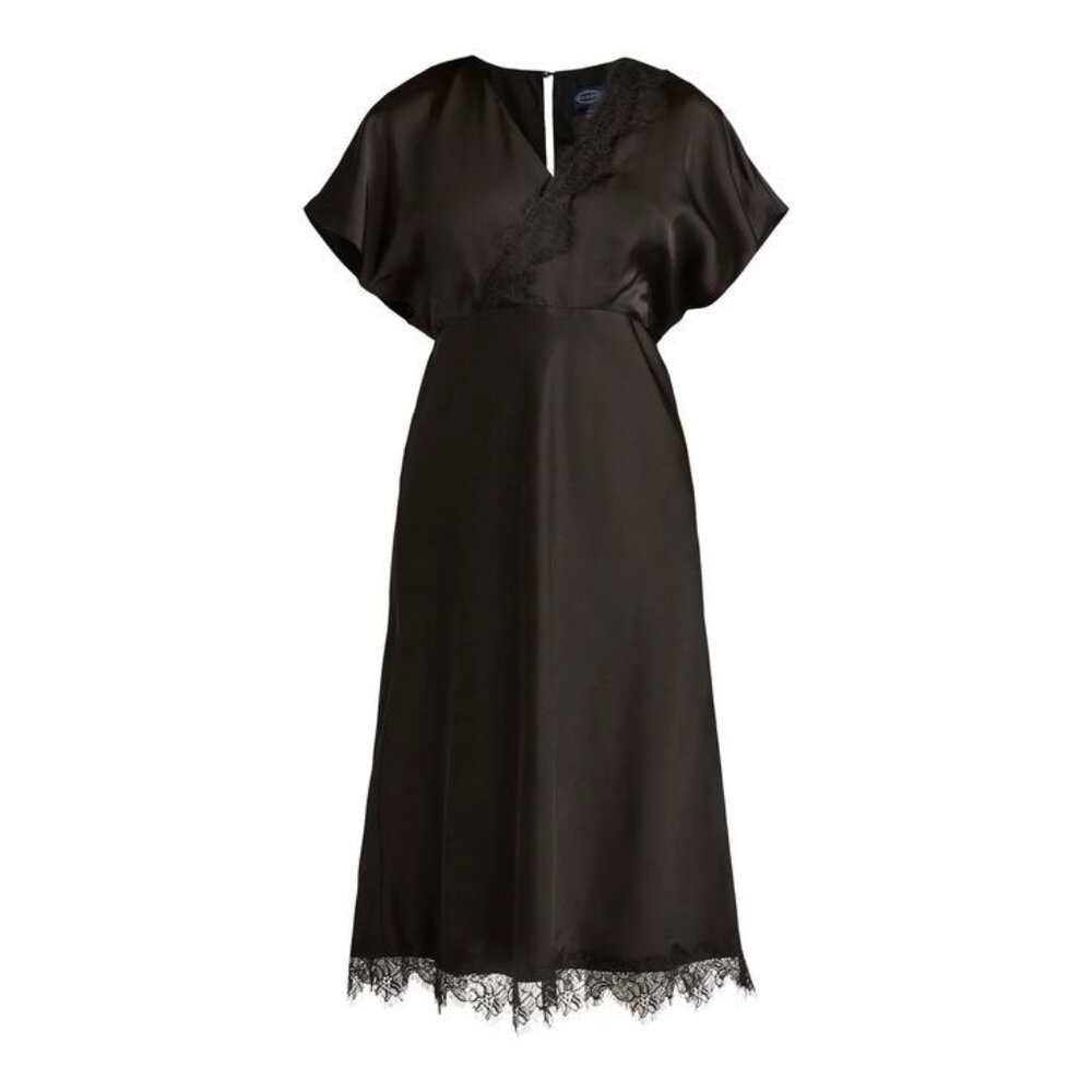 Excellent Condition, SZ M, Satin Midi Dress w/ Eyelash Lace Trim, Black